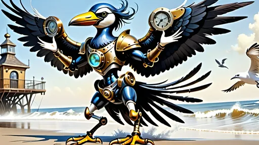 Prompt: Anthropomorphic 
Steampunkesque technology
Muscle bound seabird
---

Under morning sun,  
Seabird graces storied sands—  
Resplendent in form.

---

Elongated legs,  
Supple reeds in zephyrs’ dance—  
Sea's vast embrace calls.

---

Mischief in his eyes,  
Beachgoers’ toil unnoticed—  
Avian voyager.

---

Plumage tousled light,  
Saline breezes bring solace—  
Waves chant his essence.

---

Choreographed grace,  
Wings unfurled in ocean's song—  
Maestro of the shore.

---

Day's vibrant tableau,  
Delights of beachside revels—  
Laughter and salt tang.

---

Fellowship in skies,  
Airborne kin cavort above—  
Cerulean bond.

---

Muscle Beach's arena,  
For robust and brawny strength—  
Whimsical proscenium.

---

Stilts' realm of splendor,  
Statuesque limbs embrace waves—  
Effervescent spirit.
