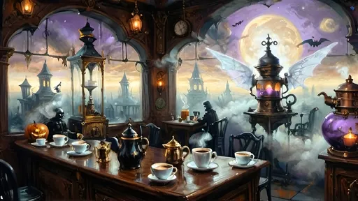 Prompt: An ethereal steampunk coffee bistro in the clouds at twilight, with angels and celestial figures serving coffee. The bistro is adorned with mechanical steampunk elements like antique bronze and copper gradients, along with silver and gold accents. The atmosphere is dreamlike and heavenly, with Halloween elements such as glowing jack-o’-lanterns, phantoms, and eerie Victorian attire. Gothic spires and shadowy ruins appear in the misty landscape, illuminated by stark chiaroscuro lighting. Eerie mists glow in shades of brown, purple, and green, while ornate brass carafes steam with celestial coffee. Angels with shimmering wings and macabre expressions serve patrons under a sky painted in lavender and soft blues. The flooring is made of glowing clouds, and the bistro furniture is airy and translucent, creating a haunting yet serene ambiance.