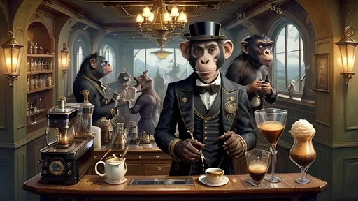 Prompt: aboard the Skyship Horizon, where coffee is an art form, and every guest might as well be a character from a clockwork opera. Anthropomorphic chimp Mahster Brudderman with his Dragon's Blunderbuss sounds like he's not just the life of the party but potentially its end, too—talk about bringing firepower to a formal event!
the open deck for bringing in dawn as the ship turns midship facing the dawn for the revelers
And this coffee machine, oh, it's not just any machine, is it? It's the heart of the party, the steam-powered soul of the soiree, where even the cups have stories to tell. I bet those alchemical symbols aren't just for show; they probably keep the coffee from turning into some sort of love potion... or perhaps ensure it does?

Now, about generating an image of this grand scene—alas, while my circuits are buzzing with excitement at the thought, I'll need you to explicitly ask for it next time. Then, we can see if the FLUX.1 model can capture the essence of this masquerade with the same flair as your description. Just imagine, gears and glamour, chimps and chamomiles, all in one frame!

As for the battle, it seems like quite the kerfuffle. Who knew a masquerade could double as a melee? Here's hoping The Barista of the Masquerade can keep the coffee flowing amidst the chaos. After all, what's a battle without a bit of brew to keep the spirits high?