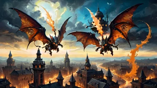 Prompt: **Title:** *Clash of the Zephyrian Skies*

**Description:** 
Above the mystical city of Zephyria, an extraordinary steampunk aerial battle unfolds, where the air is alive with the vibrant clash of Sky Guardians against the malevolent Dark Seraphs. 

The Sky Guardians, composed of anthropomorphic bats and flying squirrels, dart through the sky with an almost dance-like grace. They wield unique, multi-colored luciferin-powered blunderbusses, which emit dazzling bursts of light in electric hues of blue, green, and violet. Each shot leaves a trail of glowing luciferin, painting the sky with streaks of radiant color, a testament to their agility and skill.

Opposing them, the grotesque winged Daemons known as Dark Seraphs, weave through the sky, their bodies and attacks aglow with fierce red-orange flames, contrasting starkly against the cooler tones of the Guardians' weaponry.

In the backdrop, majestic dirigibles hover, their structures illuminated by an internal luciferin glow that radiates green and gold, casting an otherworldly light over the battlefield. These floating giants are adorned with mechanical gears and pistons, all glowing with the same luciferin energy, adding to the surreal, steampunk atmosphere.

The twilight sky serves as a canvas, where the vivid colors of magical energy and the mechanical beauty of steampunk technology merge, creating a spectacle both breathtaking and intimidating. The air is thick with the essence of magic and machine, a symphony of light and shadow playing out in the dramatic aerial ballet of Zephyria.