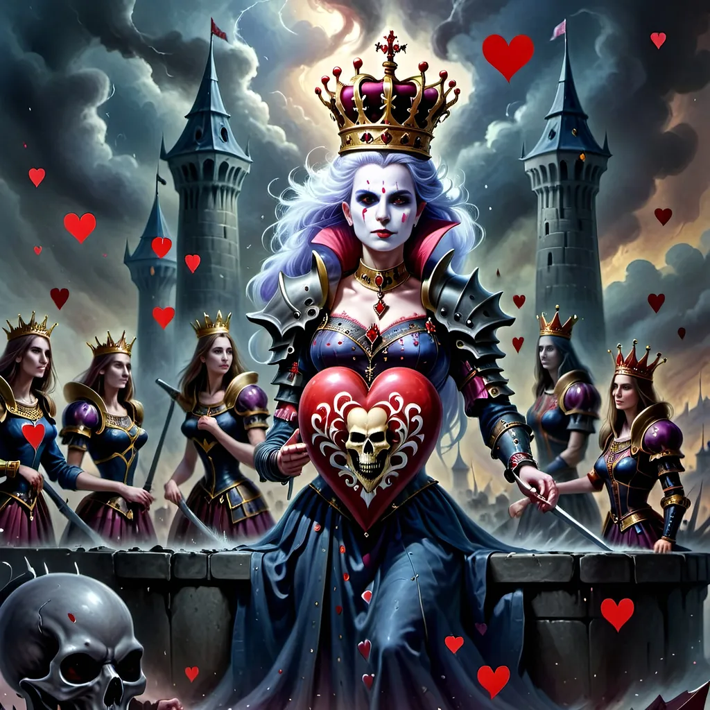 Prompt: In a realm where the cards held court and battles unfolded upon the velvet battlefield, there stood the Queen of Hearts, a regal figure with a turbulent spirit that ignited fervor in her loyal subjects – her men, the mighty soldiers of her crimson domain.
With a gaze that could melt steel and a heart that beat thunder into the very ground they tread, she commanded her troops like a tempest unleashed, each man an embodiment of her unyielding will. As the clash of swords and the thunder of footsteps filled the air, the Queen's call to arms echoed across the lands, stirring her men into a frenzy of unwavering loyalty.
Amidst the chaos of the battlefield, her men rushed forth, their movements a symphony of controlled chaos. With hearts blazing like infernos, they tore through the enemy lines, their actions swift and merciless. Eyes met their merciless blades as they surged forward, a whirlwind of crimson and steel, gouging out the very essence of opposition before them.
And there, at the heart of the tumultuous storm she had summoned, the Queen of Hearts stood, a vision of sovereignty and power, orchestrating the brutal ballet of war with a grace that belied the chaos around her. Her presence was both feared and revered, a beacon of unwavering resolve that fueled her men's frenzy and struck dread into the hearts of her foes.
In that moment, as the clash of arms and the cries of battle filled the air, the Queen of Hearts reigned supreme, a sovereign of unparalleled ferocity and indomitable spirit, leading her men to victory amidst the carnage and chaos of the battlefield.