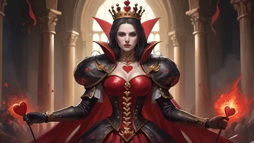 Prompt: In grand court’s tumult,
The Queen of Hearts elevates,
Regally adorned.
Luciferin’s glow,
Heart-adorned crest ablaze bright,
Majestic allure.
Crimson warriors,
Enumerated armor,
Strength in line displayed.
Heart-shaped scepter held,
Elegant yet formidable,
Grace in martial form.
Opponents succumb,
To her valor's radiant might,
Benevolent reign.
Twilight battlefield,
Presence, power, heritage,
Legacy profound
