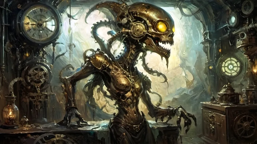 Prompt: A steampunk-inspired necromancer in a dark, ethereal space, part-machine and part-organic, with tattered silk-like skin revealing intricate gears. Luciferin light glows from within, creating soft halos around grotesque shapes forming in the void. Transitioning to a spacecraft gallery, where human visitors admire the scene, laughing and connecting with the monstrous yet artistic visuals. Alien curators with shimmering, torn silk garments and mechanical accents observe, their joy growing. The gallery is bathed in soft, ambient light and mist, with shadows, glowing light, and steampunk elements intertwining in a harmonious, otherworldly atmosphere.