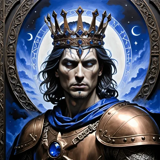 Prompt: In the battlefield's grim and fateful hour,  
The king, in dire straits, donned with runic might,  
His breastplate, a cobalt blue luciferin power,  
Glowing trompe l'oeil, radiating in the night.
Bronze and copper accouterments adorned,  
Reflecting his ethereal ethereal hue,  
A king, in soulful gaze, his fate forewarned,  
For in battle's dance, his destiny he'll pursue.

Steaming brass machine,
Latte swirls in artful froth,
Castle's walls at dusk.
 Milk dances in cup,
Gothic battlements aglow,
Twilight's warm embrace.
Brass and metal gleam,
Enchanted castle at dusk,
Latte artistry.

Amidst the fray, enchanted by his spell,  
Bewitched daemon imps arise,  
Their presence in the battle does compel,  
A dynamic clash beneath the darkening skies.
In fierce interaction with these spectral beings,  
The king's strength and valor put to test,  
His spirit, a beacon in the chaos it brings,  
In a realm where courage and fate manifest.
With each movement, a narrative unfolds,  
As anthropomorphic characters align,  
In the king's story, where destiny molds,  
A saga of bravery and honor intertwined.
Through the clash of forces, light and dark,  
The king's presence shines in cobalt blue,  
A soulful citation in battle's stark embark,  
A monarch in bronze and copper, true.
In this tapestry of conflict and strife,  
Where skeletal imps and warriors entwine,  
The king, in his regal essence rife,  
Embodies a legacy, steadfast and divine.
