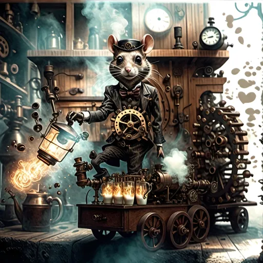 Prompt: In the world of steampunkesque civilization,  
Anthropomorphic kind,  
Mechanized rat gang fights,  
Bloodcurdles in the air,  
Their fine detail shines,  
With unique weapons' glare.  
Tiny paws create
Latte art in morning light—
Whisker brews delight
Morning light ascends,
Coffee’s warmth in hand, I greet
Day’s fresh whisperings.
Cogs turn and steam puffs,
Bronze machine brews liquid gold—
Clockwork carafe gleams.
**Anthropoid Dreamscape**  
Copper sinews writhe,  
Phantoms of destiny,   
Mechanized rats clash.  
**Heroic Enervescence**  
Pistons echo brave,  
Anthropomorphic might,  
Valor's glow abloom.  
**Luminescent Silhouettes**  
Shadows dance aglow,  
Spectral elegance wafts,  
An eerie ballet.  
**Synergistic Fusion**  
Silver and gold dance,  
Ethereal opulence,  
In a world's embrace.  
**Temporal Ephemerality**  
Careful hues unfold,  
Dreamlike focus gleams within,  
In spectral twilight.  
**Action’s Transmutation**  
Muzzle flash sparks fight,  
Techno-gadgets pulse and light,  
Vivid scenes ignite.  
**Delicate Vicissitude**  
Machinery's details,  
Negative space softly breathes,  
In mystic allure.  
**Ephemeral Resonance**  
Breath of old and new,  
Pneumatic whispers rise,  
In sepia's hue.