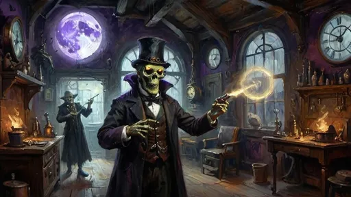 Prompt: shadowy Edwardian workshop filled with ancient, advanced steampunkesque gadgets, cloaked figure with a ghoulish, ghastly visage emerges, holding blunderbuss emits an eerie, ethereal light. Deuteragonists, anthropomorphic zombie aliens dance under a pale moon, their twisted forms laughing grotesque with tension and dread, with multicolor Luciferin patterns pulsing in the shadows. The color palette features deep purples, blacks, and luminescent hues, evoking a sense a tale of boundless strife.