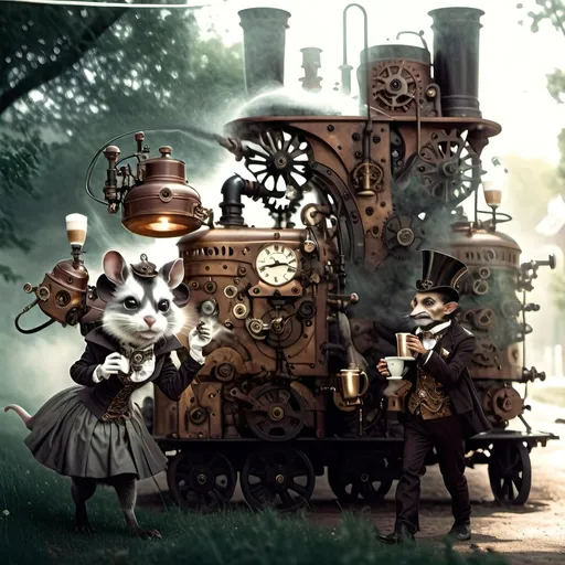 Prompt: In the world of steampunkesque civilization,  
Anthropomorphic kind,  
Mechanized rat gang fights,  
Bloodcurdles in the air,  
Their fine detail shines,  
With unique weapons' glare.  
Tiny paws create
Latte art in morning light—
Whisker brews delight
Morning light ascends,
Coffee’s warmth in hand, I greet
Day’s fresh whisperings.
Cogs turn and steam puffs,
Bronze machine brews liquid gold—
Clockwork carafe gleams.
**Anthropoid Dreamscape**  
Copper sinews writhe,  
Phantoms of destiny,   
Mechanized rats clash.  
**Heroic Enervescence**  
Pistons echo brave,  
Anthropomorphic might,  
Valor's glow abloom.  
**Luminescent Silhouettes**  
Shadows dance aglow,  
Spectral elegance wafts,  
An eerie ballet.  
**Synergistic Fusion**  
Silver and gold dance,  
Ethereal opulence,  
In a world's embrace.  
**Temporal Ephemerality**  
Careful hues unfold,  
Dreamlike focus gleams within,  
In spectral twilight.  
**Action’s Transmutation**  
Muzzle flash sparks fight,  
Techno-gadgets pulse and light,  
Vivid scenes ignite.  
**Delicate Vicissitude**  
Machinery's details,  
Negative space softly breathes,  
In mystic allure.  
**Ephemeral Resonance**  
Breath of old and new,  
Pneumatic whispers rise,  
In sepia's hue.