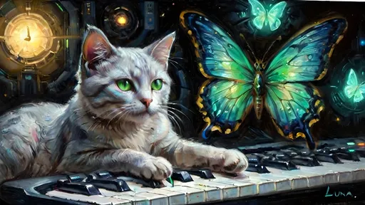 Prompt: under subdued, otherworldly lights. Luna, the green-eyed cat from Earth, prowls stealthily, her gaze locked onto an ethereal butterfly with glowing, iridescent wings. The butterfly flutters gently, casting tiny reflections as it dances through the air. 
Curiosity piqued, Luna springs after the butterfly, her paws landing lightly on an intricately designed, oversized keyboard. Each key she strikes glows with vibrant colors, a brilliant and seemingly random sequence of lights. Luna's playful chase continues as she prances over the keys, unaware of the consequences.
Suddenly, the console's lights shift to a menacing red. Alarms blare, shattering the control room’s calm. The screen above the keyboard flashes a dire warning: "Self-Destruct Countdown Initiated: 10:00... 09:59..."
Aliens and humans alike rush into the room, their faces a mix of panic and determination. Amidst the chaos, Luna stands on the console, wide-eyed and bewildered, the numbers counting down behind her.
---