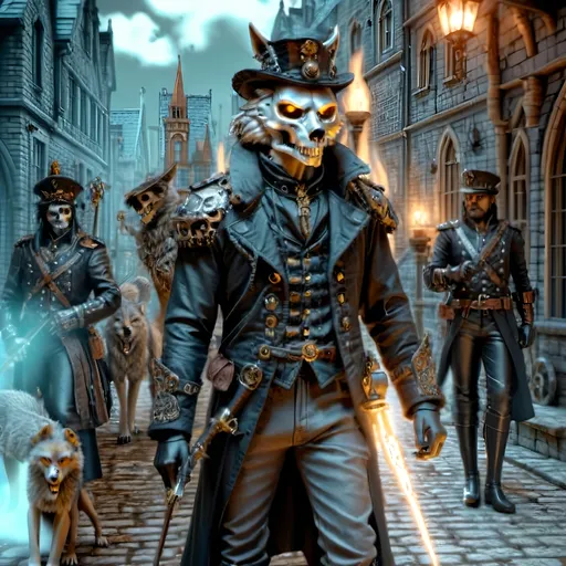 Prompt: Ball of musketeers,
Steampunk twist joins old valor,
King's guard fierce and true.
Gallant swordsmen three,
Guardian's cry heard aloud,
Innovative blend.
Amid cobblestone,
Steampunkesque technology
Anthropomorphic
Crossbow, fur coat veiled,
Fox with torch and rifle bright,
Skull helm leads the pack.
Wolf holds skulls in grasp,
Lion mask shows bravery bold,
In dim, gothic light.
Gothic shadows near,
Beasts in armor, eyes alert,
Mystery follows