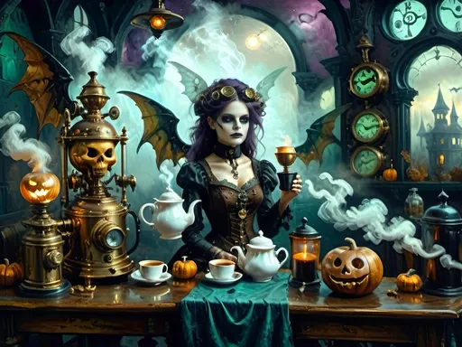 Prompt: ethereal steampunkesque coffee bistro in the clouds with angels and celestials, dreamlike atmosphere with mechanical steampunk elements, antique bronze, copper gradients, silver and gold accents. The space is heavenly and dreamlike, filled with Halloween elements like jack-o’-lanterns, phantoms, eerie Victorian attire, and a gothic twist. There are shadowy ruins and misty landscapes under stark chiaroscuro lighting, with eerie mists glowing in shades of brown, purple, and green. Celestial beings in fun macabre Victorian attire with ornate brass coffee makers and carafes add to the scene's whimsical yet haunting atmosphere.