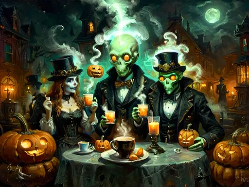 Prompt: A steampunk anthropomorphic alien hosting a midnight coffee party, set under the glowing gaze of hovering jack-o’-lanterns, enveloped in ethereal steam. The scene merges Victorian elegance with mechanical ingenuity, where ghostly guests with spectral visages sip coffee from brass cups. Flickering shadows are cast by distant ruins, and glowing mist curls at the guests' feet. The sound of unseen gears ticking rhythmically fills the air, creating an eerie yet refined atmosphere. The overall scene is a surreal tableau, blending tradition with futuristic artistry, where every element tells a story, from the steampunk decorations to the glowing jack-o’-lanterns, combining Halloween and steampunk aesthetics in a dreamlike setting.