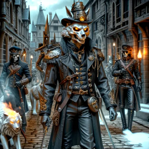 Prompt: Ball of musketeers,
Steampunk twist joins old valor,
King's guard fierce and true.
Gallant swordsmen three,
Guardian's cry heard aloud,
Innovative blend.
Amid cobblestone,
Steampunkesque technology
Anthropomorphic
Crossbow, fur coat veiled,
Fox with torch and rifle bright,
Skull helm leads the pack.
Wolf holds skulls in grasp,
Lion mask shows bravery bold,
In dim, gothic light.
Gothic shadows near,
Beasts in armor, eyes alert,
Mystery follows