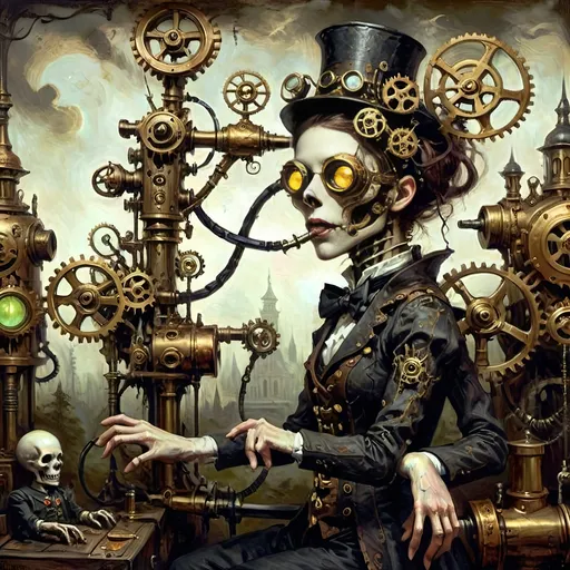 Prompt: Anthropomorphic
Sentient technological
Steampunkesque, ghoulish
In eldritch machine
Gears entwined with bone do creak
Specter of brass reigns
Blunderbuss of dread
Phosphorescent gleam ignites
Sinister light glows
Gothic spires crumble
Smoggy tendrils coil in gloom
Clockwork mists enshroud
Ethereal brass forests
Steam hums through shadows
Lanterns cast divine
Machinery’s holy light
Hope mingles with dread
Victorian cogs
Clash with demonic gears
Salvation’s struggle
Wings of copper gleam
Reach towards celestial brass
Figures in conflict
Steam-driven phantoms
Eyes aglow in iron mist
Haunt faded visions
Metal trees twist, writhe
Surreal grotesques dance, contort
Symbols darkly gleam
Mesmeric tableau
Serenity meets the void
Steampunk’s haunted grace
Warm brass kisses cold
Ominous steel’s embrace tight
Worlds in balance hang
Salvation, perdition
Machined, organic entwine
Sinisterly Gleam
Celestial gears turn
In limbo’s ethereal haze
Forests breathe in steam