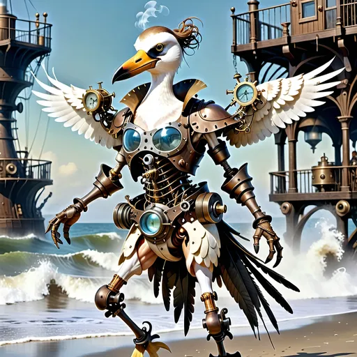 Prompt: Anthropomorphic 
Steampunkesque technology
Muscle bound seabird
---

Under morning sun,  
Seabird graces storied sands—  
Resplendent in form.

---

Elongated legs,  
Supple reeds in zephyrs’ dance—  
Sea's vast embrace calls.

---

Mischief in his eyes,  
Beachgoers’ toil unnoticed—  
Avian voyager.

---

Plumage tousled light,  
Saline breezes bring solace—  
Waves chant his essence.

---

Choreographed grace,  
Wings unfurled in ocean's song—  
Maestro of the shore.

---

Day's vibrant tableau,  
Delights of beachside revels—  
Laughter and salt tang.

---

Fellowship in skies,  
Airborne kin cavort above—  
Cerulean bond.

---

Muscle Beach's arena,  
For robust and brawny strength—  
Whimsical proscenium.

---

Stilts' realm of splendor,  
Statuesque limbs embrace waves—  
Effervescent spirit.
