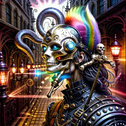 Prompt: Amid cobblestone,
Gas lamps flicker bright, bright light
Metallic dragon.
Top hats, goggles gleam,
Elaborate dance of dreams,
Costumes on the street.
A staff’s fiery glow,
Adventure in steampunk air,
Brick buildings whisper.
Gothic shadows loom,
Mystery in armor's eyes,
Beasts stand ready there.
Crossbow and fur coat,
Fox with torch and rifle near,
Skull helm leads the pack.
Wolf with skulls in hand,
Lion mask's courageous stand,
Gothic vault's dim light