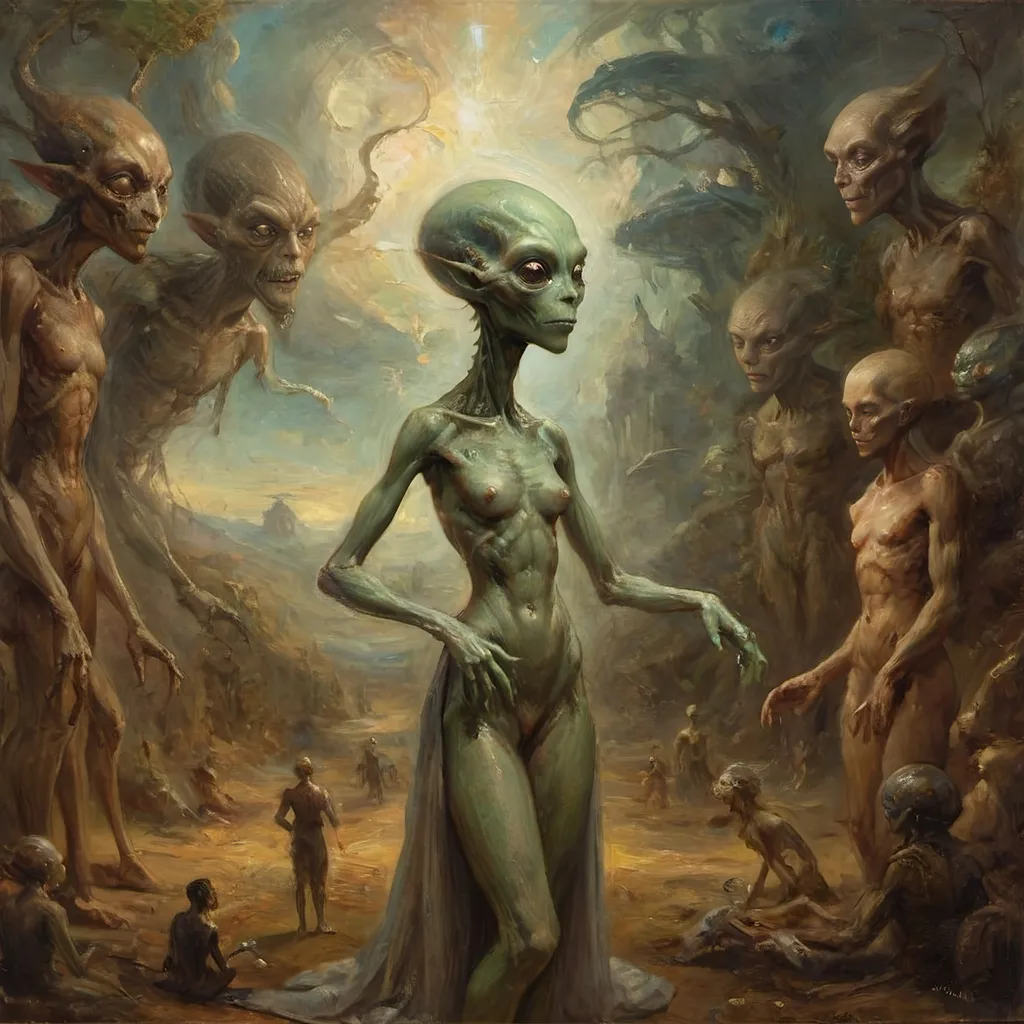 Prompt: Here is the text prompt used for the image generation:

"Sophisticated scene with an anthropomorphic alien figure, ethereal and unnervingly graceful, gliding through, extra-jointed limbs, deliberate and artful interactions, poised, effortless authority, showcasing a world where art, magic, and machinery converge with savoir-faire."