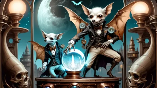 Prompt: Within arcane realms,  
Anthropomorphic bat-bodied figures glide,  
Unfurled wings sweeping through twilight skies.  
In the heart of the commune, amidst steampunk wonders,  
Three skeletal bat boys embark on a daring adventure.
Clutching a crystal ball with bat hands
Its vivid world encapsulated within,  
A steampunk elder reflects,  
Embracing the ethereal with knowing eyes.  
Trompe L'oeil’s whispered spell,  
Warlock's alchemy, and ancient intrigues guide them. Prehensile devil fleshy arrowhead shaped tail tips
Luciferin hues dance in the air,  
Psychedelic flames casting an otherworldly glow,  
Smoke weaving mystical tales of yore.  
The boys, undeterred, stop and have full steampunk coffee service, milk art coffee break,  move forward,  
Their high-top sneakers, a blend of leather and copper,  
Pounding the rugged terrain with determined strides.
Amidst the expansive panorama,  
Nature's flame essence glows,  
Revealing the fantasy world unfolding.  
Each step brings new perils,  
Each flutter of their wings a brush with fate.
High above, the stars bear silent witness,  
To their bravery and camaraderie,  
In the face of overwhelming odds.  
Bound by duty and a brotherhood unspoken,  
They carve their path through the heart of the commune,  
Their journey just beginning in this steampunked twilight.
With enhanced fingers tracing ancient maps,  
Expressive eyes searching for the next clue,  
They press forward into the unknown,  
Their bond a beacon in a world fraught with danger.  
Through the shimmering veil of smoke and flame,  
The adventure of three bat boys,  
Against all odds,  
Continues into the night.