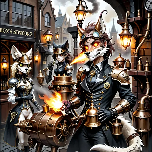 Prompt: Amid cobblestone,
Metallic dragon armor,
Gas lamps flicker bright.

Top hats, goggles gleam,
Elaborate costumes dance,
Street alive with dreams.

A staff’s fiery glow,
Adventure in steampunk air,
Brick buildings bear tales.

Gothic shadows loom,
Beasts in armor stand ready,
Mystery in eyes.

Crossbow in fur coat,
Fox with torch and long rifle,
Skull helm leads the pack.

Wolf holds skulls in hand,
Lion mask with fierce courage,
Dim light, gothic vault.

Ball of musketeers,
Steampunk twist joins old valor,
King's guard fierce and true.

Gallant swordsmen three,
Innovative one appears,
Guardian's cry heard.

Camaraderie,
King’s gift of inventive tools,
Bond of strength renewed.

Court’s festivity,
Blend of chivalry and steam,
Loyal hearts defend.