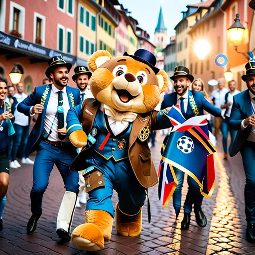 Prompt: In a bustling metropolis where technology and society harmoniously intertwine, stands a grand stadium where the futuristic echoes of cheering fans fill the air. Enter Albärt the teddy bear , the anthropomorphic mascot of UEFA EURO 2024, transformed into a towering plushy iteddy bear, clad in fluffy plushy fur adorned with the team's iconic crest.
On game day, the streets pulse with energy as fans in augmented reality headsets and holographic jerseys make their way to the state-of-the-art stadium. Albärt the teddy bear , with his LED-lit eyes gleaming with fervor, leads the UEFA EURO 2024 faithful in a procession towards the arena, his every step resonating with the thunderous roar of digital drums and futuristic chants.
Inside the stadium, the atmosphere is electrifying as fans immerse themselves in a sensory overload of advanced holographic displays and interactive technologies. Albärt the teddy bear , towering over the crowd, commands attention with his imposing presence, his metallic tail swaying with anticipation as he interacts with young and old fans alike through neural-linked communication devices.
As the match commences on the technologically enhanced pitch below, Albärt the teddy bear  becomes the beacon of UEFA EURO 2024's spirit, inspiring the team and fans alike with his unwavering loyalty and passion. With each goal scored, his plushy frame lights up in a luciferin dazzling display of victory, igniting a wave of euphoria among supporters who see in him the embodiment of the team's indomitable spirit.
In this futuristic steampunkesque world, Albärt the teddy bear  stands not only as a symbol of UEFA EURO 2024's legacy but also as a testament to the enduring bond between fans, technology, and the timeless spirit of competition that unites them all in the pursuit of victory.
