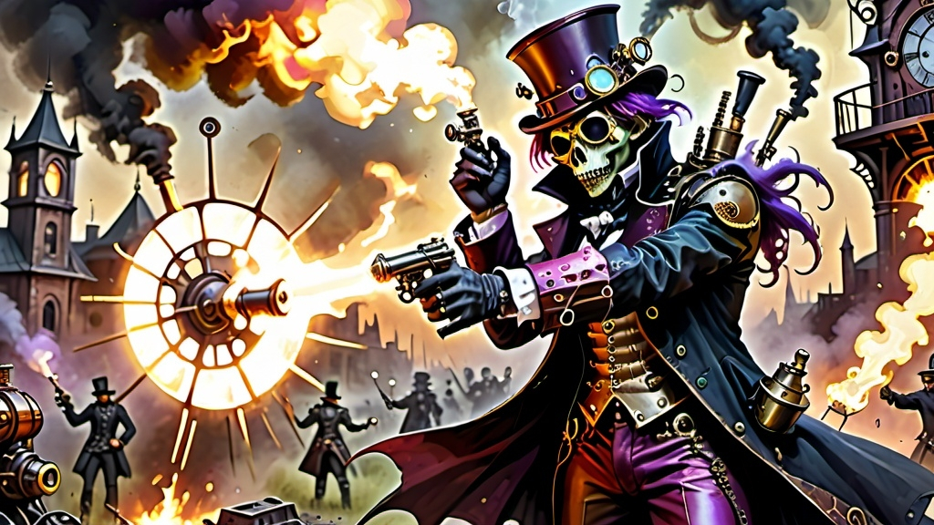 Prompt: Illustrate a steampunk and gothic scene at dawn background luciferin immolation with an Italian 14th century steampunkesque ghoul jester prince in a battlefield, engaging in elegant combat, featuring multicolor luciferin for illustrative purposes, depicting the residual magic which begets blunderbuss’ power and muzzle flash, and the reason face paint exaggerates emotions