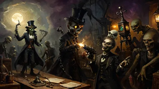 Prompt: shadowy Edwardian workshop filled with ancient, advanced steampunkesque gadgets, cloaked figure with a ghoulish, ghastly visage emerges, holding blunderbuss emits an eerie, ethereal light. Deuteragonists, anthropomorphic zombie aliens dance under a pale moon, their twisted forms laughing grotesque with tension and dread, with multicolor Luciferin patterns pulsing in the shadows. The color palette features deep purples, blacks, and luminescent hues, evoking a sense a tale of boundless strife.