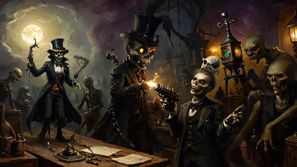 Prompt: shadowy Edwardian workshop filled with ancient, advanced steampunkesque gadgets, cloaked figure with a ghoulish, ghastly visage emerges, holding blunderbuss emits an eerie, ethereal light. Deuteragonists, anthropomorphic zombie aliens dance under a pale moon, their twisted forms laughing grotesque with tension and dread, with multicolor Luciferin patterns pulsing in the shadows. The color palette features deep purples, blacks, and luminescent hues, evoking a sense a tale of boundless strife.