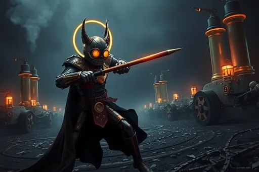 Prompt: A dynamically dramatic steampunk scene featuring an anthropomorphic Bal-Bal as an Italian ghoul prince on a battlefield, with a strong emphasis on chiaroscuro lighting. The scene showcases the interplay of light and shadow, creating cinematic depth with soft halos and shadowy edges. The prince is in elegant combat with a Rapier, moving fluidly and gracefully like a dancer, dodging an attack from a zombie-like automated guard. He wields a blunderbuss with finesse, his luciferin eyes glowing with sharp intellect. Brass and copper armor gleams on his form, surrounded by delicate halos. Intricate mechanical elements like gears and pistons subtly move around him. The background is a velvety night, with glowing steam rising from brass chimneys, adding an ethereal, dreamlike quality. An automaton with glowing orange goggles is a central focus, its reflective surface enhancing the light in the scene. The overall mood is mystical and reflective, highlighting the duality of light and dark in this steampunk realm.