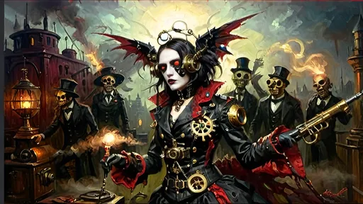 Prompt: Anthropomorphic
Dhampir technologically
Steampunkesque, sentient
Dhampir stalks dynamic
luciferin colorful
Blunderbuss muzzle flashes
eschatologically
Twilight Dhampirs rise,
Menace veiled in shadowed guise,
Gothic brass attire.
Red eyes ominous,
Faces draped in dark intent,
Fangs gleam in dim night.
Wings of metal spread,
Vocalist’s eldritch command,
Haunted notes unfurl.
Gears in twilight's grip,
Fog and rot cloak rusted cogs,
Machinery looms.
Blood-red sky above,
Sinister shadows dance close,
Crowd in hushed terror.