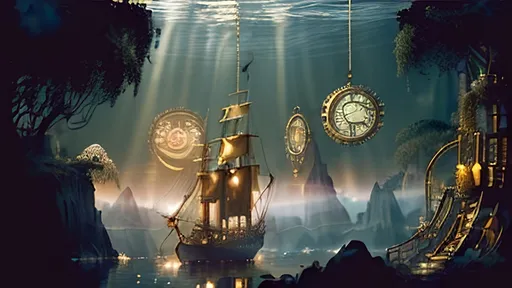 Prompt: A serene scene with glowing motifs and an otherworldly effect, rendered in the style of fountain pen ink, inspired by steampunkesque luciferin powered and illustrated. The scene depicts an exultant dawn breaking with a lucent glow anointing the sky. A pirate ship known as 'fools’ airborne vessel' ascends in a steampunk reverie, with clockwork jesters frolicking near a Rube Goldberg coffee device on deck. Soft gradients blend acrylic colors of bronze, baby blues, and gold, as the airship’s spectral hues glow. Luciferin light and translucent magic weave through the air with ethereal mist. Pistons hum in sync as gears and cogs glide in motion, demonstrating machination’s grace. Lens flares gently bloom, and expansive light shapes the scene, with softly glowing edges. Phong shading gives a touch of realism within the dreamlike haze, while soft blurs and ample negative space breathe life into the scene. Metallic whispers of gold add a sense of luxury as the ship sails through the dreaming steampunk sky, with fools in dawn’s embrace.Chiaroscuro effecits