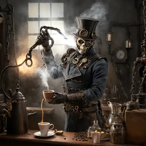 Prompt: In a realm where shadows swirl like tendrils of forgotten tales, a figure stands tall amidst the clatter of machinery and the whisper of steam. This figure is not of battles and realms, but of coffee and dreams. Enter our hero, not with sword in hand but with a steaming carafe, a barista of finesse and a steampunkesque coffeemaker that hums with mechanical precision.
In this surreal tapestry of bones and gears, where the aroma of freshly ground beans mingles with the scent of aged metal, the hero weaves a tale not of conquest, but of creation. With each carefully crafted cup, each swirl of tastefully engineered foam, the hero challenges not the throne, but the very essence of tradition and innovation.
Picture this scene: an ornate coffee carafe, adorned with intricate engravings that tell stories of old, a steaming styled foam rising like the curls of forgotten whispers, and a barista whose hands move with the grace of a master artisan. As the hero brews a blend that transcends time and taste, he becomes a catalyst for change in a world where coffee is not just a drink, but a symbol of unity and progress.
So, amidst this steampunkesque backdrop of clinking chains and whirring cogs, our hero stands not as a warrior, but as a champion of caffeinated dreams, ready to stir hearts and awaken minds to the possibilities that lie beyond the realm of bones and machinery. In this tale of triumph and transformation, the hero's destiny is not to conquer, but to inspire a new era where the art of coffee-making is as revered as the most epic of legends.