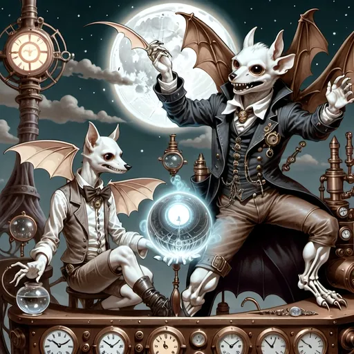 Prompt: Within arcane realms,  
Anthropomorphic bat-bodied figures glide,  
Unfurled wings sweeping through twilight skies.  
In the heart of the commune, amidst steampunk wonders,  
Three skeletal bat boys embark on a daring adventure.
Clutching a crystal ball with bat hands
Its vivid world encapsulated within,  
A steampunk elder reflects,  
Embracing the ethereal with knowing eyes.  
Trompe L'oeil’s whispered spell,  
Warlock's alchemy, and ancient intrigues guide them. Prehensile devil fleshy arrowhead shaped tail tips
Luciferin hues dance in the air,  
Psychedelic flames casting an otherworldly glow,  
Smoke weaving mystical tales of yore.  
The boys, undeterred, stop and have full steampunk coffee service, milk art coffee break,  move forward,  
Their high-top sneakers, a blend of leather and copper,  
Pounding the rugged terrain with determined strides.
Amidst the expansive panorama,  
Nature's flame essence glows,  
Revealing the fantasy world unfolding.  
Each step brings new perils,  
Each flutter of their wings a brush with fate.
High above, the stars bear silent witness,  
To their bravery and camaraderie,  
In the face of overwhelming odds.  
Bound by duty and a brotherhood unspoken,  
They carve their path through the heart of the commune,  
Their journey just beginning in this steampunked twilight.
With enhanced fingers tracing ancient maps,  
Expressive eyes searching for the next clue,  
They press forward into the unknown,  
Their bond a beacon in a world fraught with danger.  
Through the shimmering veil of smoke and flame,  
The adventure of three bat boys,  
Against all odds,  
Continues into the night.