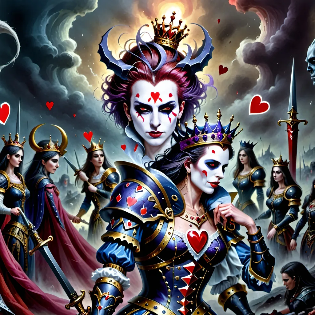 Prompt: In a realm where the cards held court and battles unfolded upon the velvet battlefield, the Queen of Hearts stood as a regal figure with a turbulent spirit. Her presence ignited fervor in her loyal subjects—her men, the mighty soldiers of her crimson domain.
With a gaze that could melt steel and a heart that beat thunder into the very ground they tread, she commanded her troops like a tempest unleashed. Each man embodied her unyielding will. As swords clashed and footsteps thundered, the Queen's call to arms echoed, stirring her men into a frenzy of unwavering loyalty.
Amidst the chaos, her soldiers surged forth, a symphony of controlled chaos. Hearts blazing like infernos, they tore through enemy lines with swift, merciless actions. Eyes met their merciless blades as they advanced, a whirlwind of crimson and steel, gouging the very essence of opposition.
At the storm's heart, the Queen of Hearts stood, a vision of sovereignty and power. She orchestrated the brutal ballet of war with a grace belying the surrounding chaos. Her presence was feared and revered—a beacon of unwavering resolve.
In that moment, with the clash of arms and battle cries filling the air, the Queen of Hearts reigned supreme. She was a sovereign of unparalleled ferocity and indomitable spirit, leading her men to victory amidst the battlefield's carnage and chaos.
