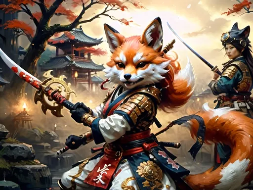 Prompt: Depict Cherry Kitsune, a graceful and fierce anthropomorphic fox warrior. She moves with fluidity and precision, wielding a traditional Japanese naginata. Her armor, detailed with copper and brass, blends Edo-period aesthetics with steampunk elements. The scene is illuminated by multicolor luciferin gradients, creating an ethereal glow in a Japanese dojo or battlefield."
- Style and Mood Tags: Cinematic lighting, fluid movement, traditional Japanese art style, ethereal glow, steampunk fusion