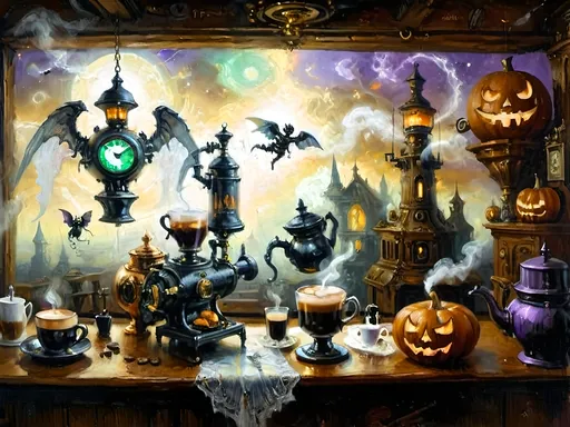 Prompt: ethereal steampunkesque coffee bistro in the clouds with angels and celestials, dreamlike atmosphere with mechanical steampunk elements, antique bronze, copper gradients, silver and gold accents. The space is heavenly and dreamlike, filled with Halloween elements like jack-o’-lanterns, phantoms, eerie Victorian attire, and a gothic twist. There are shadowy ruins and misty landscapes under stark chiaroscuro lighting, with eerie mists glowing in shades of brown, purple, and green. Celestial beings in fun macabre Victorian attire with ornate brass coffee makers and carafes add to the scene's whimsical yet haunting atmosphere.