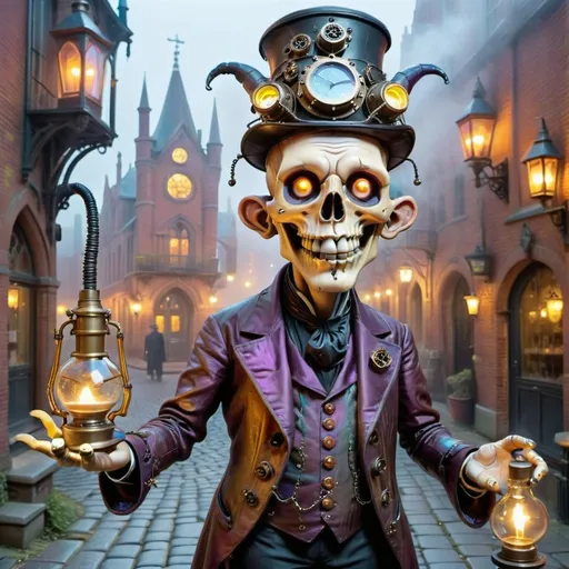 Prompt: An ethereal steampunk scene set in a cobblestone courtyard at dawn, enveloped in mist. Anthropomorphic, ghoulish jesters stand at the heart of the courtyard. Their attire is a harmonious mix of brass, copper, and leather that glistens subtly in the gentle light. Each jester wears a filigree mesh helmet revealing eerie yet charismatic faces, with luciferin-powered brains visible through translucent craniums, pulsing with vibrant energy. Intricate gears glow subtly within their skulls, showcasing alchemical engineering. Vials of luminous, bubbling alchemical fluids hang from their belts, casting reflections on the cobblestones. They exchange knowing glances and playful gestures, expressions mixing mirth and malevolence. The atmosphere is a blend of whimsy and macabre. The gothic architecture around them crumbles elegantly, softly illuminated by flickering luciferin lights, creating a warm, dreamlike ambiance.