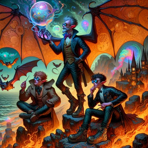 Prompt: Within arcane realms,  
Anthropomorphic bat-bodied figures glide,  
Unfurled wings sweeping through twilight skies.  
In the heart of the commune, amidst steampunk wonders,  
Three bat boys embark on a daring adventure.
Clutching a crystal sphere,  
Its vivid world encapsulated within,  
A steampunk elder reflects,  
Embracing the ethereal with knowing eyes.  
Trompe L'oeil’s whispered spell,  
Warlock's alchemy, and ancient intrigues guide them. Prehensile devil fleshy arrowhead shaped tail tips
Luciferin hues dance in the air,  
Psychedelic flames casting an otherworldly glow,  
Smoke weaving mystical tales of yore.  
The boys, undeterred, stop and have full steampunk coffee service, milk art coffee break,  move forward,  
Their high-top sneakers, a blend of leather and copper,  
Pounding the rugged terrain with determined strides.
Amidst the expansive panorama,  
Nature's flame essence glows,  
Revealing the fantasy world unfolding.  
Each step brings new perils,  
Each flutter of their wings a brush with fate.
High above, the stars bear silent witness,  
To their bravery and camaraderie,  
In the face of overwhelming odds.  
Bound by duty and a brotherhood unspoken,  
They carve their path through the heart of the commune,  
Their journey just beginning in this steampunked twilight.
With enhanced fingers tracing ancient maps,  
Expressive eyes searching for the next clue,  
They press forward into the unknown,  
Their bond a beacon in a world fraught with danger.  
Through the shimmering veil of smoke and flame,  
The adventure of three bat boys,  
Against all odds,  
Continues into the night.