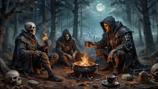 Prompt: A dramatic and tense moment in a dark, foggy forest, where a hunter and a necromancer sit near a flickering campfire. The scene captures the instant when the hunter, clad in dark, weathered armor, hands a steaming cup of coffee to the necromancer. The hunter’s breath is visible in the cold night air, and his gloved hand grips the cup with precision. The necromancer, with a ghoulish countenance and skeletal fingers, reaches out from their patchwork robes adorned with bones and arcane symbols to accept the cup. The campfire casts a spectral glow over the scene, highlighting the detailed steampunk apparatuses and gear scattered around the campsite. Trompe l’oeil techniques are used to create depth and realism, with shadows and light playing intricately across the figures and surroundings, giving the entire scene a three-dimensional, lifelike quality.