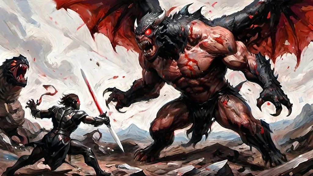 Prompt: A dynamic graphic novel-style scene of a hero battling a colossal monster, using a red, black, and white color palette. The hero is leaping through the air, about to strike the monster. The hero is rendered in stark black with red highlights on their sword and eyes, with white highlights for muscle definition and motion. The colossal monster is menacing, depicted in black with glowing red eyes and wounds, set against a white background. Motion lines in white emphasize the hero's movement, with bold lines and dramatic shadows enhancing the intensity of the battle. High contrast between the colors creates a striking, action-packed image in a bold and vivid style.