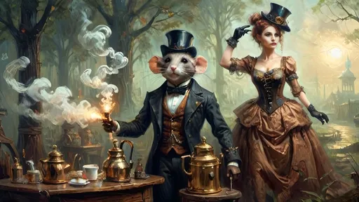 Prompt: In the world of steampunkesque civilization,  
Anthropomorphic kind,  
Mechanized rat gang fights,  
Bloodcurdles in the air,  
Their fine detail shines,  
With unique weapons' glare.  
Gears turn and steam puffs,
Bronze machine brews liquid gold—
Clockwork carafe gleams.
**Anthropoid Dreamscape**  
Copper sinews writhe,  
Phantoms of destiny,   
Mechanized rats clash.  
Tiny paws create
Latte art in morning light—
Whisker brews delight
**Heroic Enervescence**  
Pistons echo brave,  
Anthropomorphic might,  
Valor's glow abloom.  
**Luminescent Silhouettes**  
Shadows dance aglow,  
Spectral elegance wafts,  
An eerie ballet.  
**Synergistic Fusion**  
Silver and gold dance,  
Ethereal opulence,  
In a world's embrace.  
**Temporal Ephemerality**  
Careful hues unfold,  
Dreamlike focus gleams within,  
In spectral twilight.  
**Action’s Transmutation**  
Muzzle flash sparks fight,  
Techno-gadgets pulse and light,  
Vivid scenes ignite.  
**Delicate Vicissitude**  
Machinery's details,  
Negative space softly breathes,  
In mystic allure.  
**Ephemeral Resonance**  
Breath of old and new,  
Pneumatic whispers rise,  
In sepia's hue.