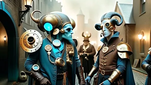 Prompt: An ethereal steampunk scene set in a cobblestone courtyard enveloped in the mist of dawn. The scene features crumbling gothic architecture, softly illuminated by luciferin lights casting a gentle glow. In the center, anthropomorphic, ghoulish jesters wearing elaborate steampunk attire made of brass, copper, and leather are engaged in a graceful weapons exchange. Their helmets are mesh-like filigree designs. The costumes are adorned with vials and blunderbuss pistols, with muzzle flashes, blending baby blue and antique bronze hues. The atmosphere is dreamlike, capturing both the serene and lively movement of the ethereal and mechanical coming together.