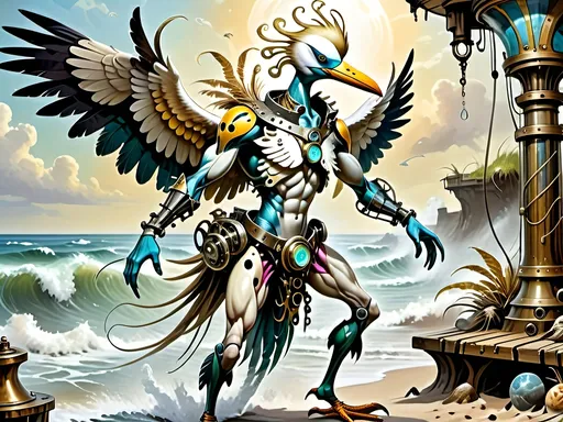 Prompt: Anthropomorphic 
Steampunkesque technology
Muscle bound seabird
---

Under morning sun,  
Seabird graces storied sands—  
Resplendent in form.

---

Elongated legs,  
Supple reeds in zephyrs’ dance—  
Sea's vast embrace calls.

---

Mischief in his eyes,  
Beachgoers’ toil unnoticed—  
Avian voyager.

---

Plumage tousled light,  
Saline breezes bring solace—  
Waves chant his essence.

---

Choreographed grace,  
Wings unfurled in ocean's song—  
Maestro of the shore.

---

Day's vibrant tableau,  
Delights of beachside revels—  
Laughter and salt tang.

---

Fellowship in skies,  
Airborne kin cavort above—  
Cerulean bond.

---

Muscle Beach's arena,  
For robust and brawny strength—  
Whimsical proscenium.

---

Stilts' realm of splendor,  
Statuesque limbs embrace waves—  
Effervescent spirit.
