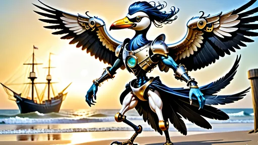 Prompt: Anthropomorphic 
Steampunkesque technology
Muscle bound seabird
---

Under morning sun,  
Seabird graces storied sands—  
Resplendent in form.

---

Elongated legs,  
Supple reeds in zephyrs’ dance—  
Sea's vast embrace calls.

---

Mischief in his eyes,  
Beachgoers’ toil unnoticed—  
Avian voyager.

---

Plumage tousled light,  
Saline breezes bring solace—  
Waves chant his essence.

---

Choreographed grace,  
Wings unfurled in ocean's song—  
Maestro of the shore.

---

Day's vibrant tableau,  
Delights of beachside revels—  
Laughter and salt tang.

---

Fellowship in skies,  
Airborne kin cavort above—  
Cerulean bond.

---

Muscle Beach's arena,  
For robust and brawny strength—  
Whimsical proscenium.

---

Stilts' realm of splendor,  
Statuesque limbs embrace waves—  
Effervescent spirit.
