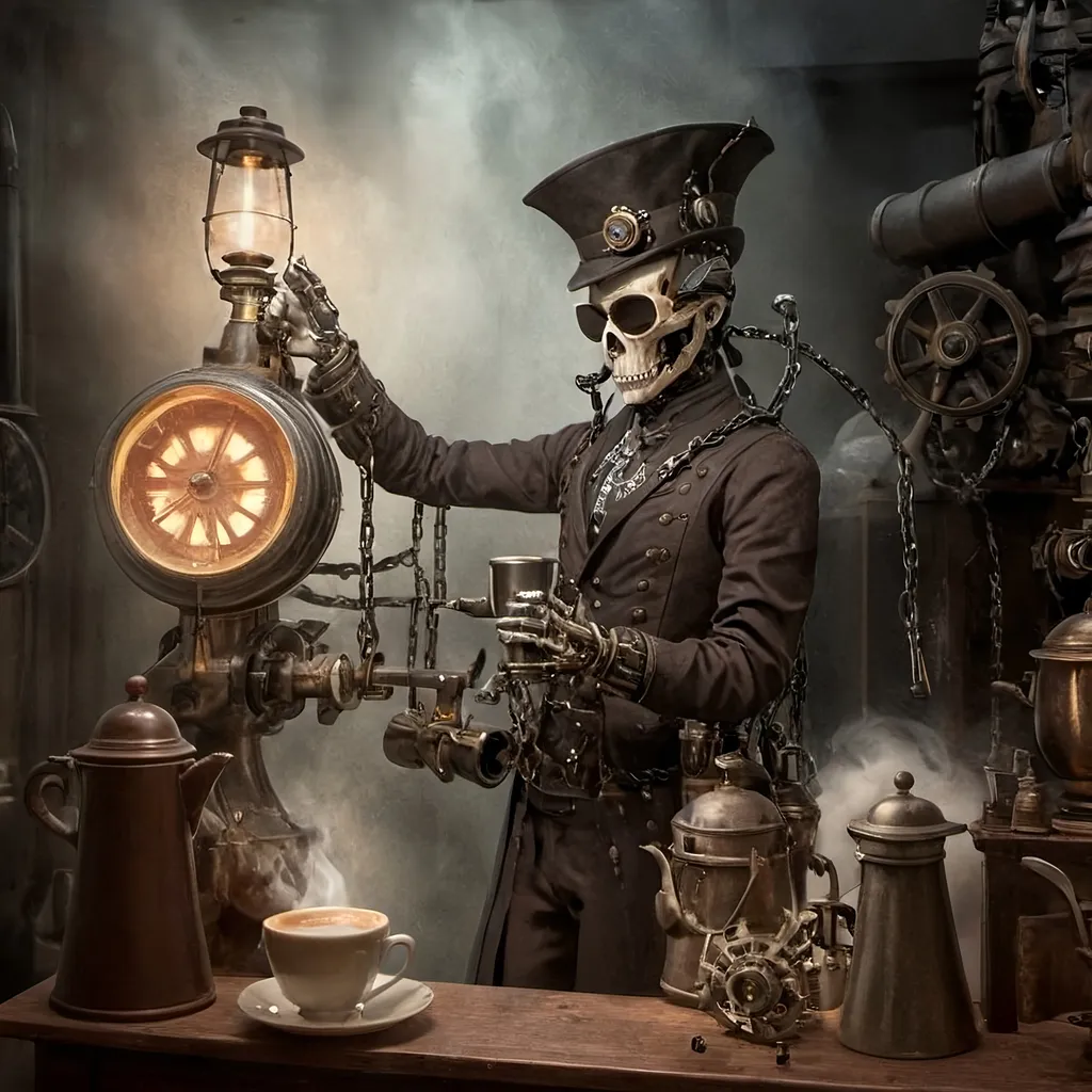 Prompt: In a realm where shadows swirl like tendrils of forgotten tales, a figure stands tall amidst the clatter of machinery and the whisper of steam. This figure is not of battles and realms, but of coffee and dreams. Enter our hero, not with sword in hand but with a steaming carafe, a barista of finesse and a steampunkesque coffeemaker that hums with mechanical precision.
In this surreal tapestry of bones and gears, where the aroma of freshly ground beans mingles with the scent of aged metal, the hero weaves a tale not of conquest, but of creation. With each carefully crafted cup, each swirl of tastefully engineered foam, the hero challenges not the throne, but the very essence of tradition and innovation.
Picture this scene: an ornate coffee carafe, adorned with intricate engravings that tell stories of old, a steaming styled foam rising like the curls of forgotten whispers, and a barista whose hands move with the grace of a master artisan. As the hero brews a blend that transcends time and taste, he becomes a catalyst for change in a world where coffee is not just a drink, but a symbol of unity and progress.
So, amidst this steampunkesque backdrop of clinking chains and whirring cogs, our hero stands not as a warrior, but as a champion of caffeinated dreams, ready to stir hearts and awaken minds to the possibilities that lie beyond the realm of bones and machinery. In this tale of triumph and transformation, the hero's destiny is not to conquer, but to inspire a new era where the art of coffee-making is as revered as the most epic of legends.