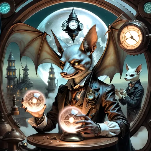 Prompt: Within arcane realms,  
Anthropomorphic bat-bodied figures glide,  
Unfurled wings sweeping through twilight skies.  
In the heart of the commune, amidst steampunk wonders,  
Three bat boys embark on a daring adventure.
Clutching a crystal ball  
Its vivid world encapsulated within,  
A steampunk elder reflects,  
Embracing the ethereal with knowing eyes.  
Trompe L'oeil’s whispered spell,  
Warlock's alchemy, and ancient intrigues guide them. Prehensile devil fleshy arrowhead shaped tail tips
Luciferin hues dance in the air,  
Psychedelic flames casting an otherworldly glow,  
Smoke weaving mystical tales of yore.  
The boys, undeterred, stop and have full steampunk coffee service, milk art coffee break,  move forward,  
Their high-top sneakers, a blend of leather and copper,  
Pounding the rugged terrain with determined strides.
Amidst the expansive panorama,  
Nature's flame essence glows,  
Revealing the fantasy world unfolding.  
Each step brings new perils,  
Each flutter of their wings a brush with fate.
High above, the stars bear silent witness,  
To their bravery and camaraderie,  
In the face of overwhelming odds.  
Bound by duty and a brotherhood unspoken,  
They carve their path through the heart of the commune,  
Their journey just beginning in this steampunked twilight.
With enhanced fingers tracing ancient maps,  
Expressive eyes searching for the next clue,  
They press forward into the unknown,  
Their bond a beacon in a world fraught with danger.  
Through the shimmering veil of smoke and flame,  
The adventure of three bat boys,  
Against all odds,  
Continues into the night.