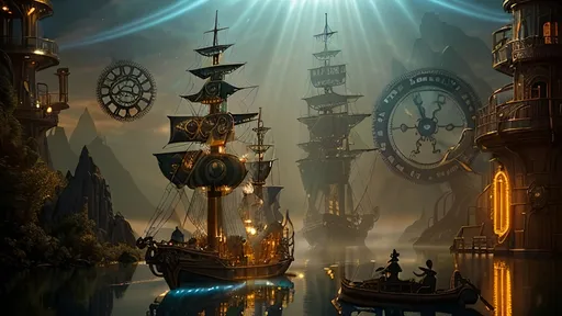 Prompt: A serene scene with glowing motifs and an otherworldly effect, rendered in the style of fountain pen ink, inspired by steampunkesque luciferin powered and illustrated. The scene depicts an exultant dawn breaking with a lucent glow anointing the sky. A pirate ship known as 'fools’ airborne vessel' ascends in a steampunk reverie, with clockwork jesters frolicking near a Rube Goldberg coffee device on deck. Soft gradients blend acrylic colors of bronze, baby blues, and gold, as the airship’s spectral hues glow. Luciferin light and translucent magic weave through the air with ethereal mist. Pistons hum in sync as gears and cogs glide in motion, demonstrating machination’s grace. Lens flares gently bloom, and expansive light shapes the scene, with softly glowing edges. Phong shading gives a touch of realism within the dreamlike haze, while soft blurs and ample negative space breathe life into the scene. Metallic whispers of gold add a sense of luxury as the ship sails through the dreaming steampunk sky, with fools in dawn’s embrace.Chiaroscuro effecits