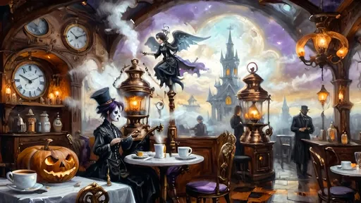 Prompt: An ethereal steampunk coffee bistro in the clouds at twilight, with angels and celestial figures serving coffee. Patrons bustling.  The bistro is adorned with mechanical steampunk elements like antique bronze and copper gradients, along with silver and gold accents. The atmosphere is dreamlike and heavenly, with Halloween elements such as glowing jack-o’-lanterns, phantoms, and eerie Victorian attire. Gothic spires and shadowy ruins appear in the misty landscape, illuminated by stark chiaroscuro lighting. Eerie mists glow in shades of brown, purple, and green, while ornate brass carafes steam with celestial coffee. Angels with shimmering wings and macabre expressions serve patrons under a sky painted in lavender and soft blues. The flooring is made of glowing clouds, and the bistro furniture is airy and translucent, creating a haunting yet serene ambiance.