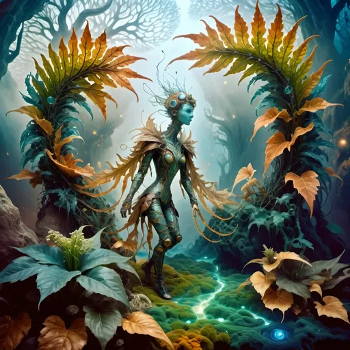 Prompt: Awakening to a world of grass and fog, this anthropomorphic marvel found itself a being of intricate design, its form fashioned from a mosaic of verdant foliage. Each leaf, a distinct contour sculpted by nature's hand, now melded seamlessly into a living, breathing tapestry of existence.

As consciousness unfurled like the delicate fronds of a fern, the anthropomorphic leaf creature's very veins pulsed with the lifeblood of intricate leaf veins, an organic network etched upon its frame - a convergence of the botanical and the mechanical. Its eyes, twin orbs of luminous intent, searched the room with an inquisitive gleam, conveying a depth of emotion that belied its leafy visage.

Donned in steampunk attire fashioned from woven textured foliage, the creature's appearance was a blend of rustic charm and whimsical elegance. The supple fabric of its leaf clothing whispered softly with each movement, granting it a tactile semblance of the sturdy yet comforting embrace of leather, exposed skin as dried leaves.

Thus, in this wondrous amalgamation of flora and function, the steampunkesque creature stood - a marvel of artistry and ingenuity, a testament to the boundless creativity that flourished in the realm where the natural world and the fantastical collide.
