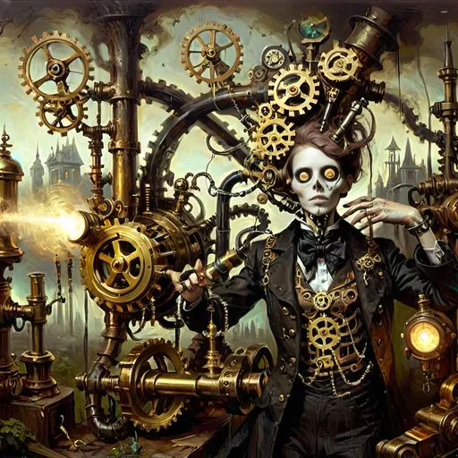 Prompt: Anthropomorphic
Sentient technological
Steampunkesque, ghoulish
In eldritch machine
Gears entwined with bone do creak
Specter of brass reigns
Blunderbuss of dread
Phosphorescent gleam ignites
Sinister light glows
Gothic spires crumble
Smoggy tendrils coil in gloom
Clockwork mists enshroud
Ethereal brass forests
Steam hums through shadows
Lanterns cast divine
Machinery’s holy light
Hope mingles with dread
Victorian cogs
Clash with demonic gears
Salvation’s struggle
Wings of copper gleam
Reach towards celestial brass
Figures in conflict
Steam-driven phantoms
Eyes aglow in iron mist
Haunt faded visions
Metal trees twist, writhe
Surreal grotesques dance, contort
Symbols darkly gleam
Mesmeric tableau
Serenity meets the void
Steampunk’s haunted grace
Warm brass kisses cold
Ominous steel’s embrace tight
Worlds in balance hang
Salvation, perdition
Machined, organic entwine
Sinisterly Gleam
Celestial gears turn
In limbo’s ethereal haze
Forests breathe in steam