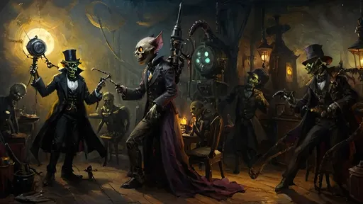 Prompt: shadowy Edwardian workshop filled with ancient, advanced steampunkesque gadgets, cloaked figure with a ghoulish, ghastly visage emerges, holding blunderbuss emits an eerie, ethereal light. Deuteragonists, anthropomorphic zombie aliens dance under a pale moon, their twisted forms laughing grotesque with tension and dread, with multicolor Luciferin patterns pulsing in the shadows. The color palette features deep purples, blacks, and luminescent hues, evoking a sense a tale of boundless strife.