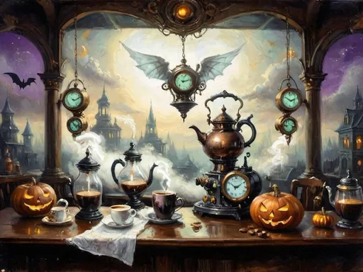 Prompt: ethereal steampunkesque coffee bistro in the clouds with angels and celestials, dreamlike atmosphere with mechanical steampunk elements, antique bronze, copper gradients, silver and gold accents. The space is heavenly and dreamlike, filled with Halloween elements like jack-o’-lanterns, phantoms, eerie Victorian attire, and a gothic twist. There are shadowy ruins and misty landscapes under stark chiaroscuro lighting, with eerie mists glowing in shades of brown, purple, and green. Celestial beings in fun macabre Victorian attire with ornate brass coffee makers and carafes add to the scene's whimsical yet haunting atmosphere.